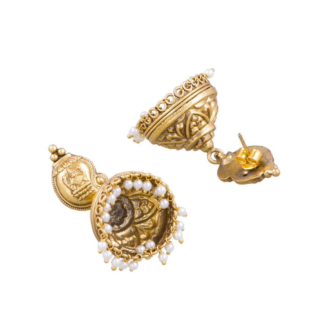 Gold Plated Lakshmi Jhumkis With White Pearls
