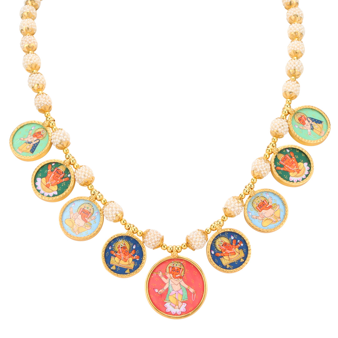 Gold Plated Ganesha Hand Painted Pearl Necklace