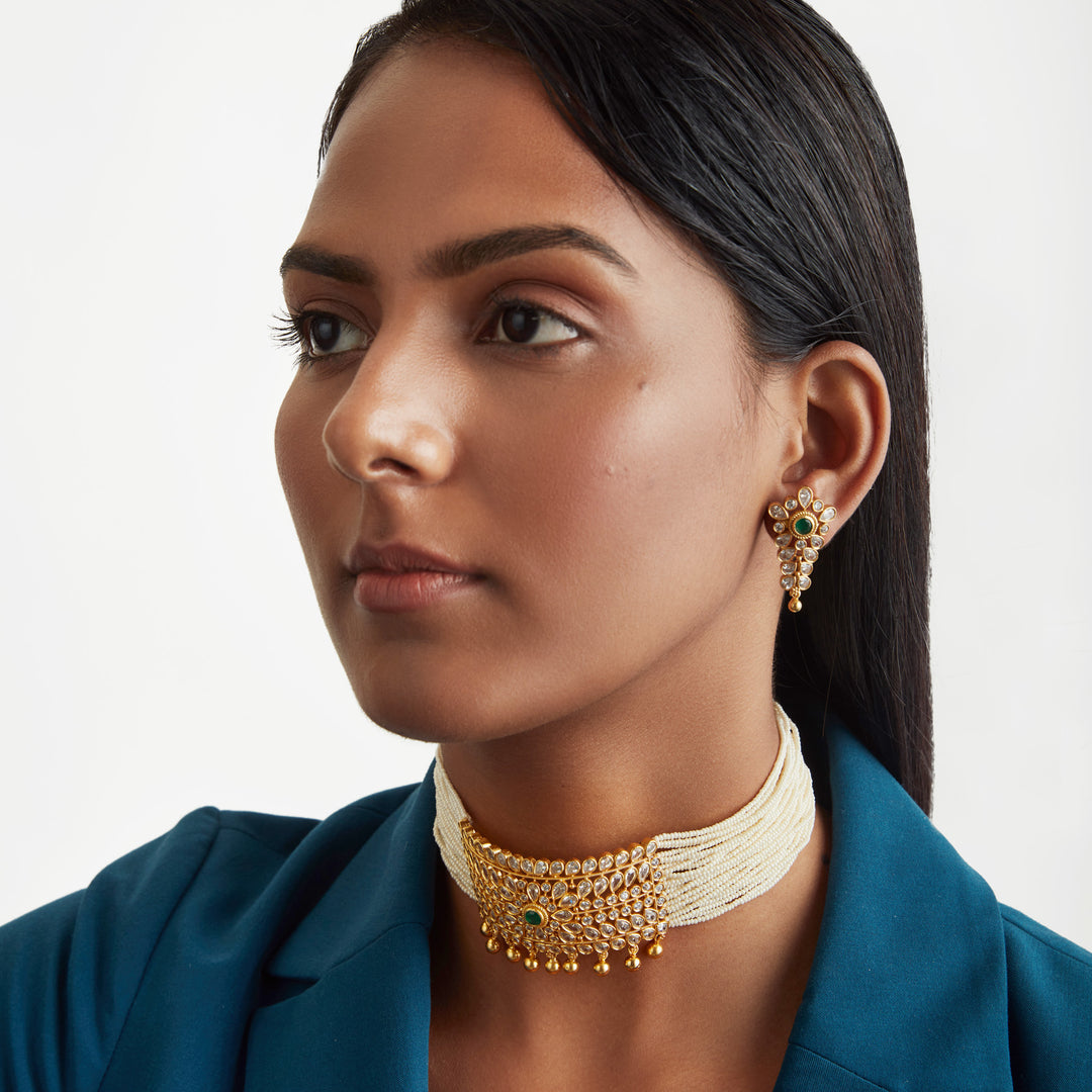 Prasun Jadau Emerald Ear and Necklace Set