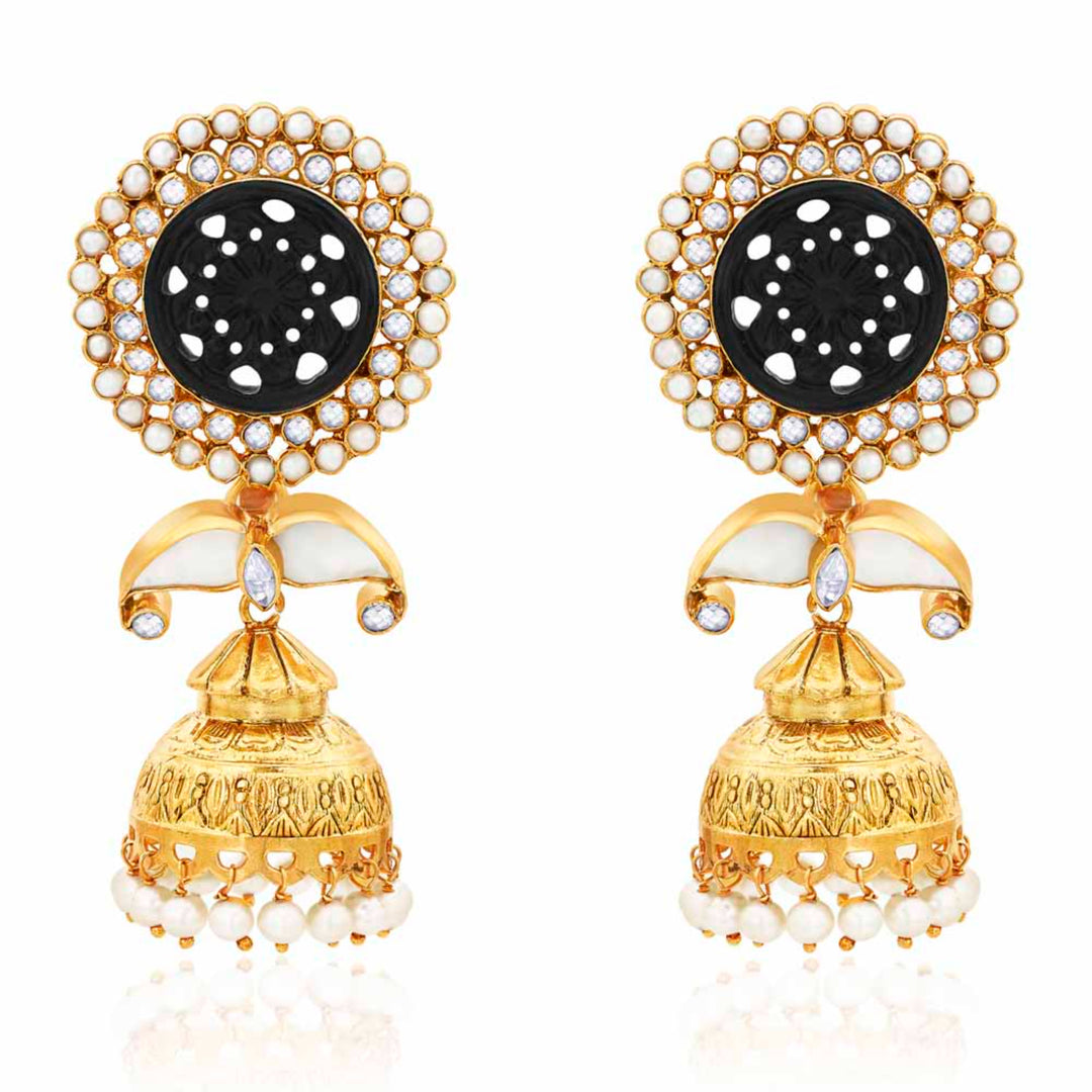 Black Onyx And Pearl Flower Jhumki