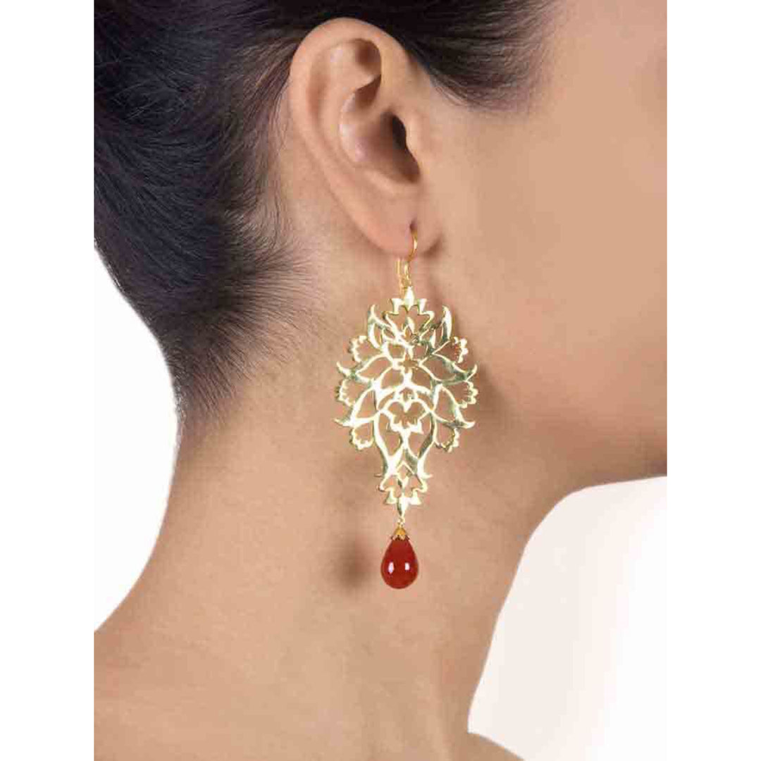 Gold Plated Flower And Leaf Pattern Byzantine Motifs Filigree Earrings
