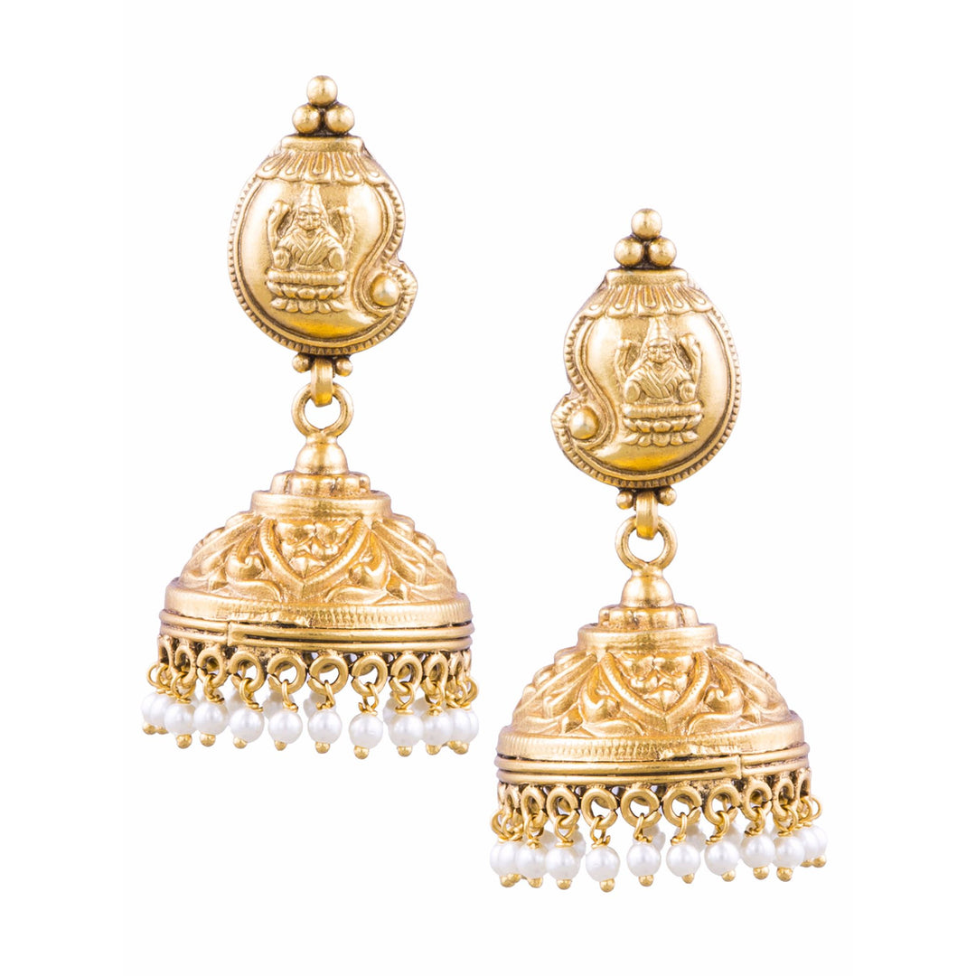 Gold Plated Lakshmi Jhumkis With White Pearls