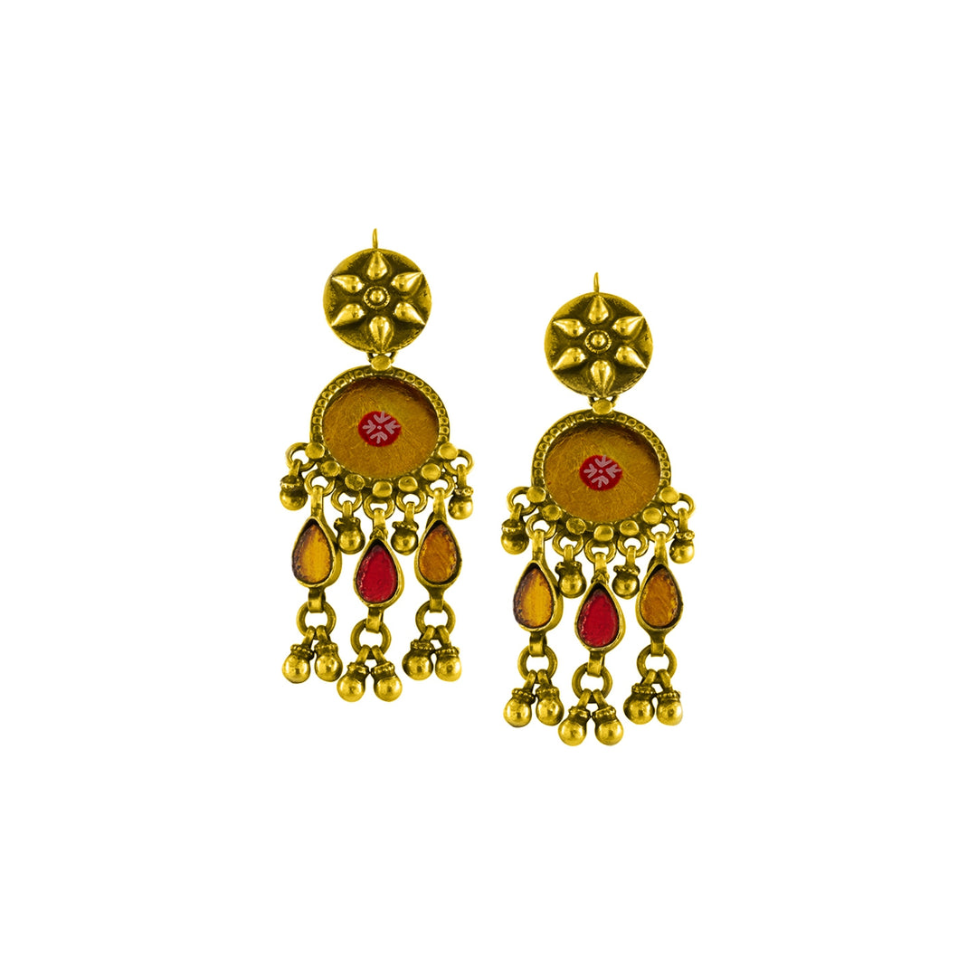 Gold Plated Tribal Yellow Red Glass Dangler Earrings