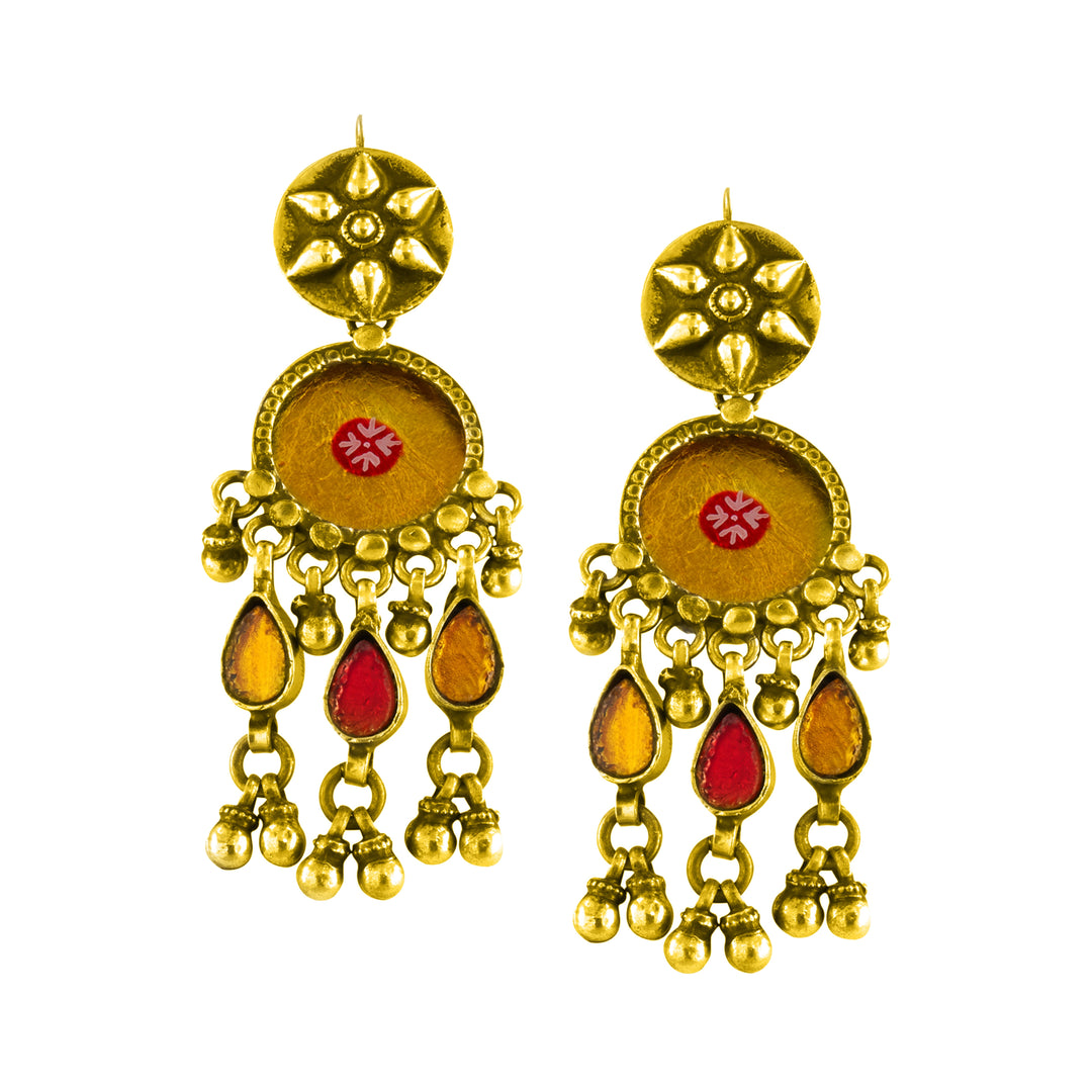 Gold Plated Tribal Yellow Red Glass Dangler Earrings