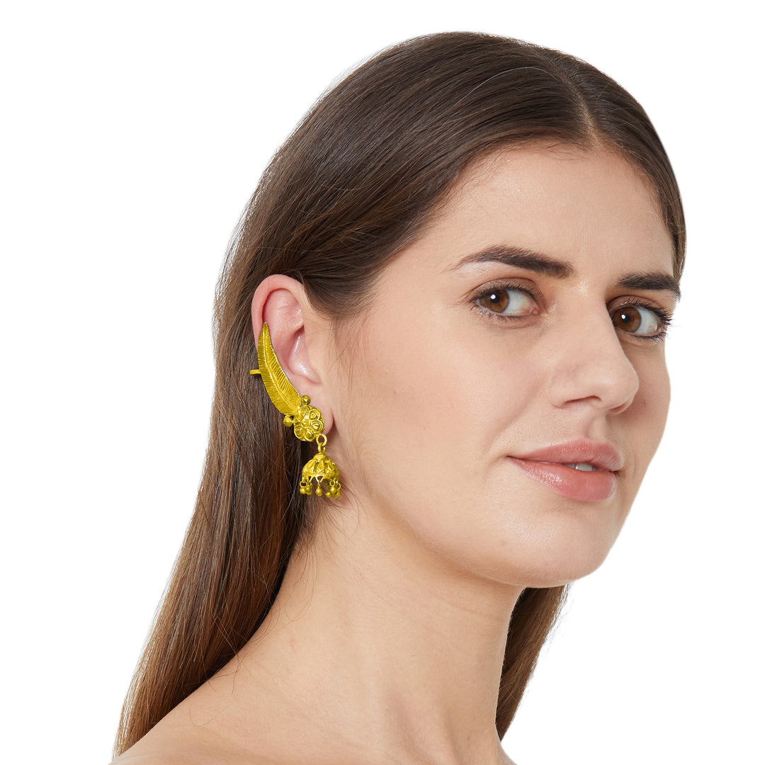 Gold Plated Feather Flower Ear Cuff With Jhumki