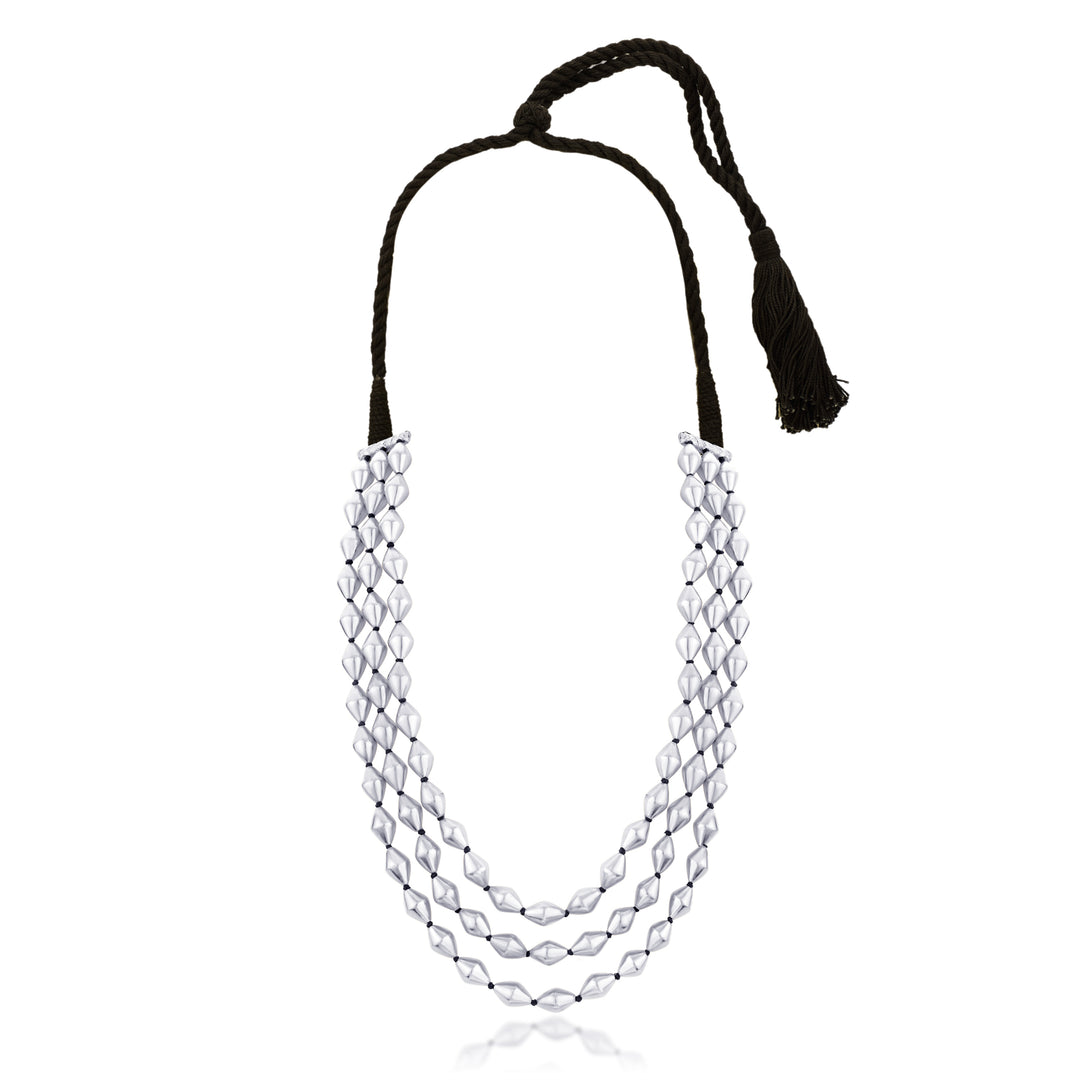 Triple Strand Dholki Bead Silver Necklace