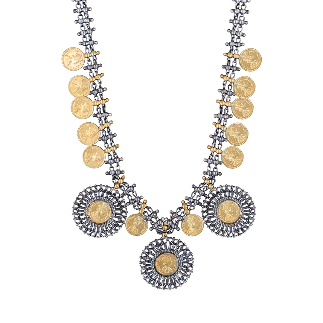 Dual Toned Foliate Coin Statement Necklace
