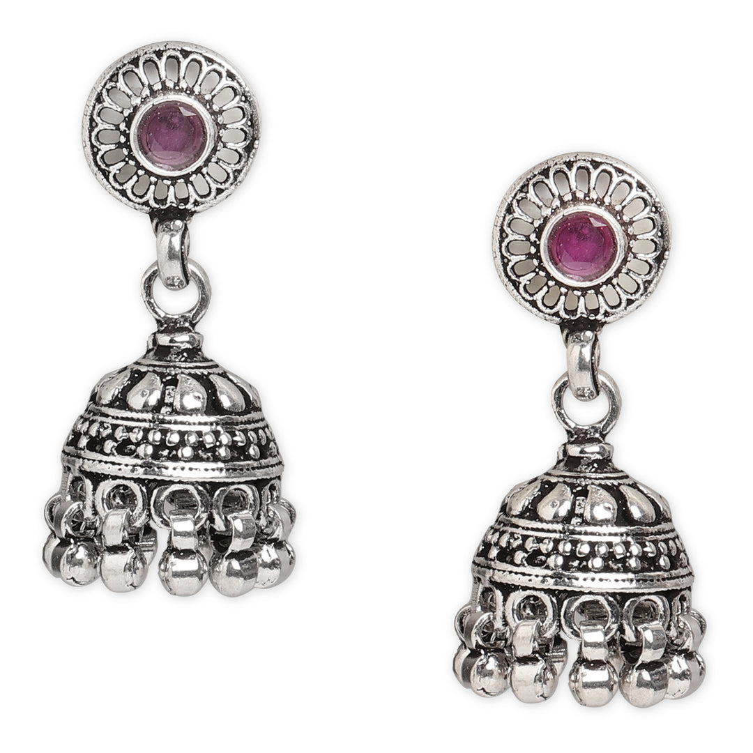 Pushp Jhumki Earrings With Red Stone