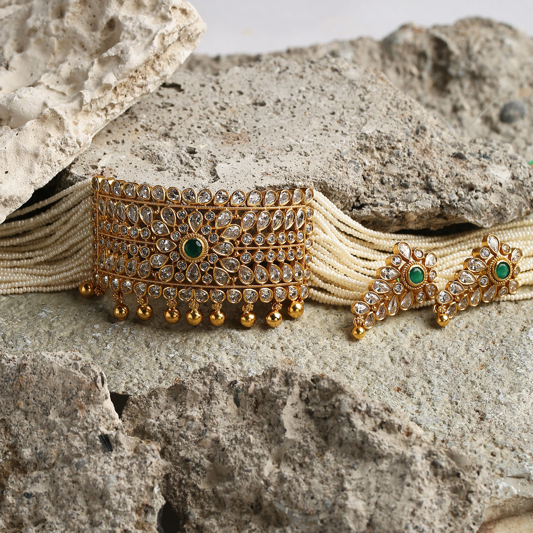 Prasun Jadau Emerald Ear and Necklace Set